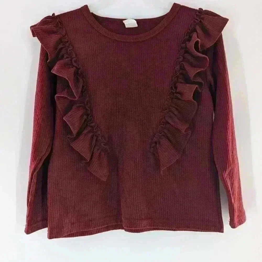 Maroon Wine Red Girls Long Sleeve Ruffle Dressy Top Size 8